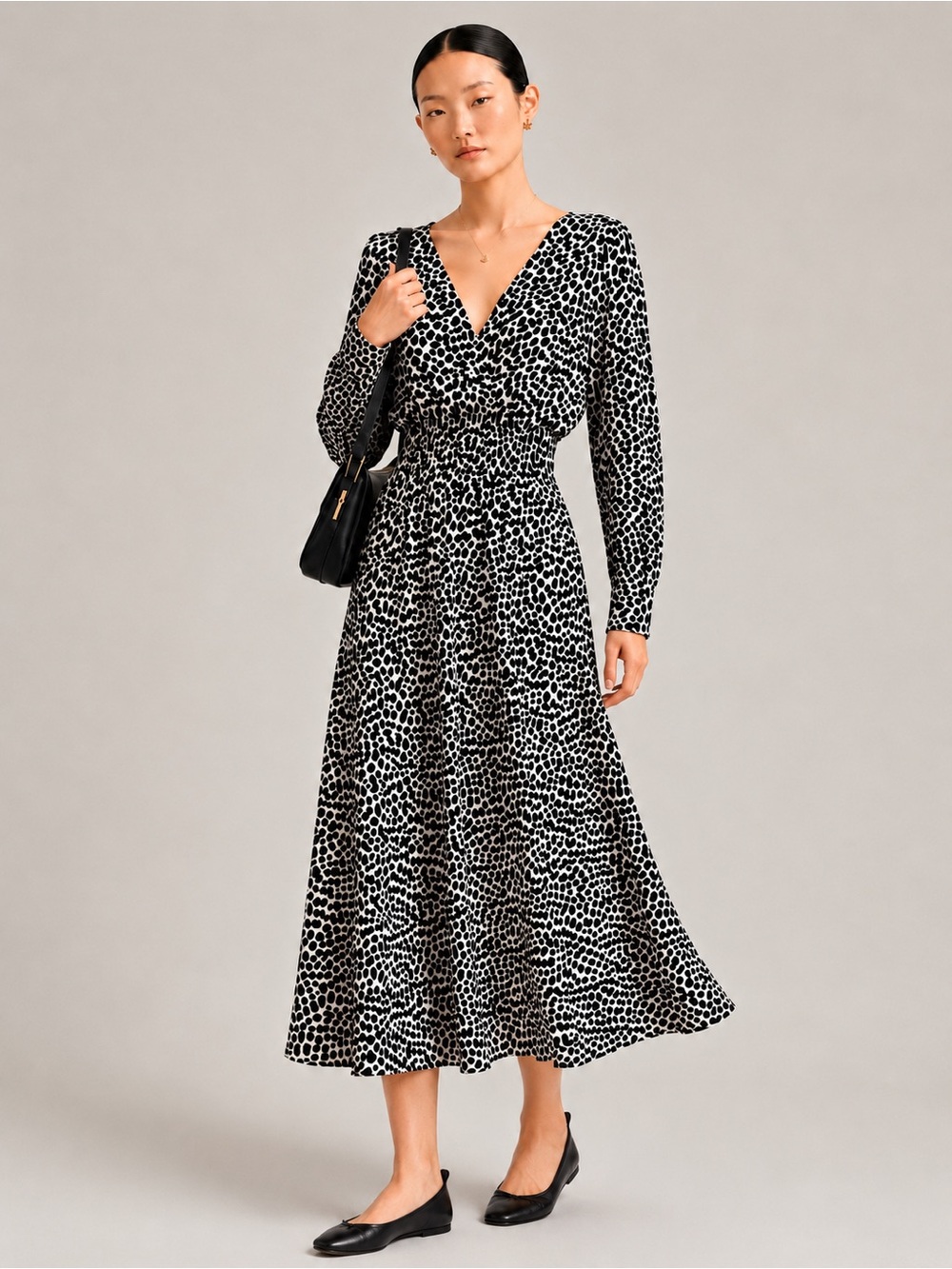Mango Black and White Long Sleeve Dress